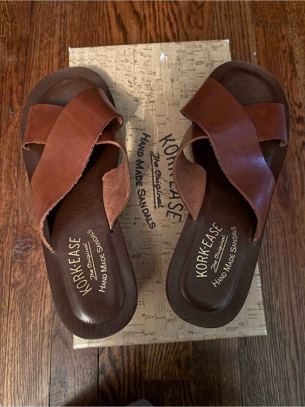 Kork-Ease Cognac Brown Leather Crossover Slide Sandals
